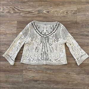 Ecote Anthropologie Studded Crochet Knit White Boho Top Lace 100% Cotton XS